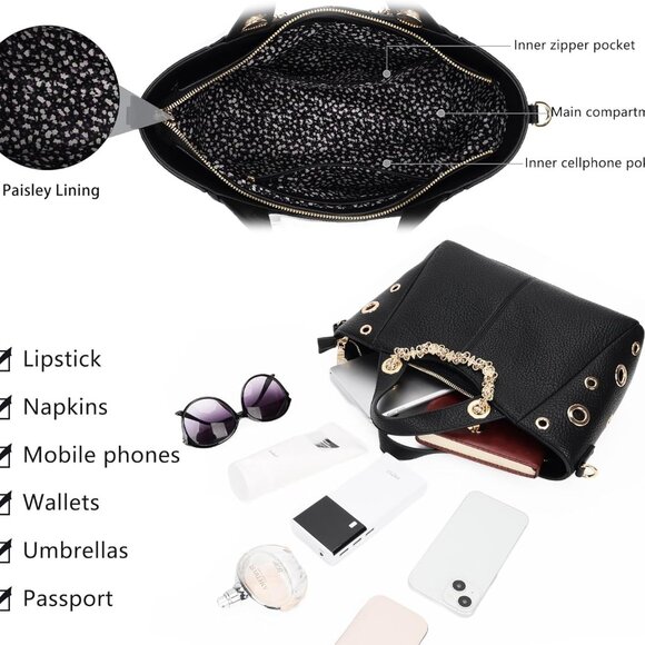 Leather Tote Bag for Women Vegan Shoulder Crossbody Purses with Strap - Picture 4 of 9